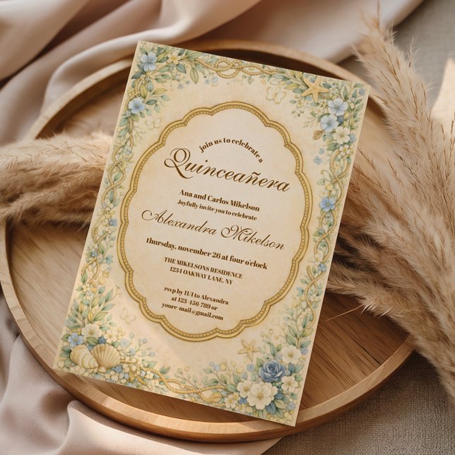 Invitation Quinceañera de jardin côtier vintage (Créateur téléchargé)
