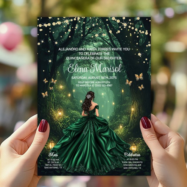 Invitation Quinceañera de la Forêt Enchantée (Enchanted forest Quinceañera invitation with elegant gown, butterflies, lanterns. Add your details.)