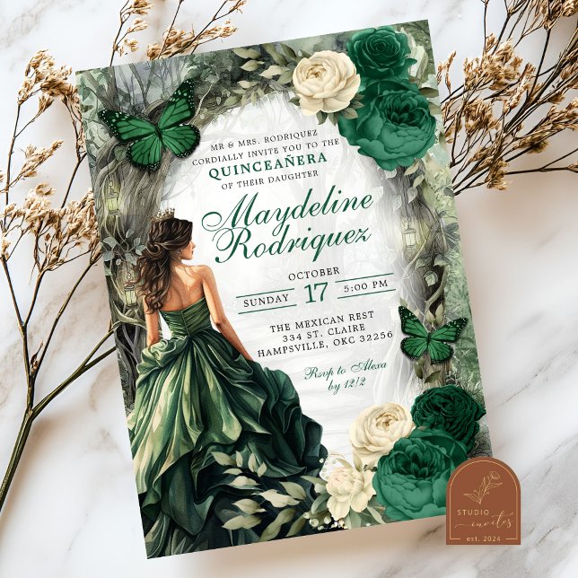 Invitation Quinceañera de la forêt fantaisiste vert émeraude (Créateur téléchargé)