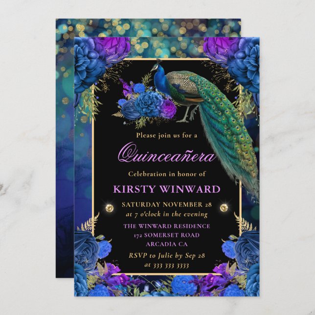 Invitation Quinceanera de Peacock Floral Bleu et Violet (Devant / Derrière)