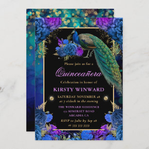 Invitation Quinceanera de Peacock Floral Bleu et Violet