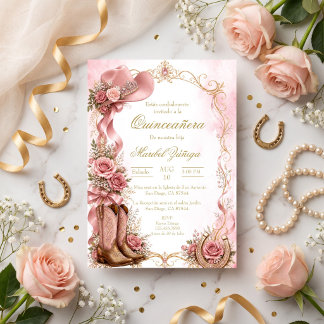 Invitation Quinceañera de style cowboy élégant rose et or