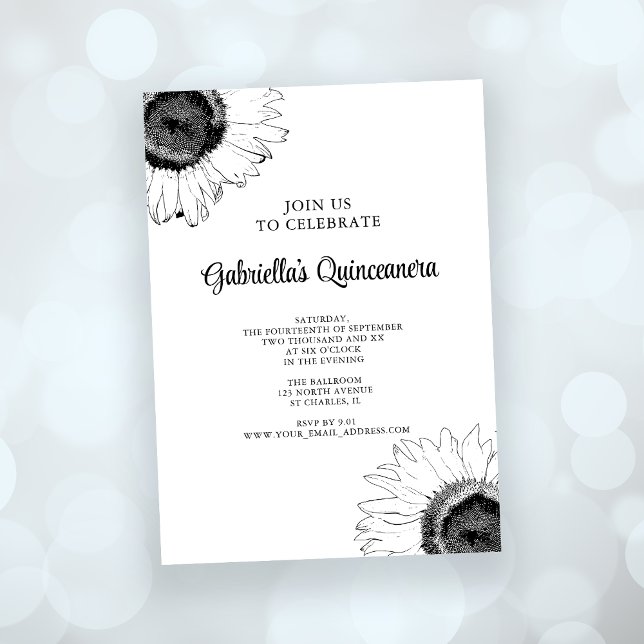 Invitation Quinceanera de tournesol noir et blanc (Créateur téléchargé)