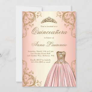 Invitation Quinceanera décorative Rose Regal or Damas