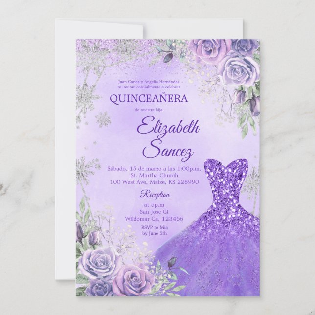 Invitation Quinceanera d'hiver violet et argent (Devant)