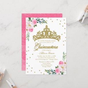 Invitation Quinceañera Diadème Doré Fleurs Rose Ch