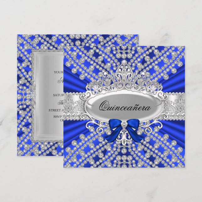 Invitation Quinceañera Diamant Bleu & Diadème (Devant / Derrière)