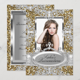 Invitation Quinceanera Diamant Pailleté Or Glamour