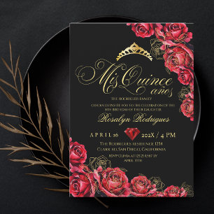 Invitation Quinceanera - Diamant rouge noir