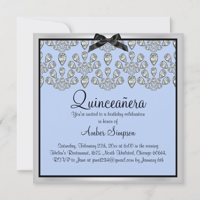 Invitation Quinceanera Diamants Argent/Bleu Foreve (Devant)