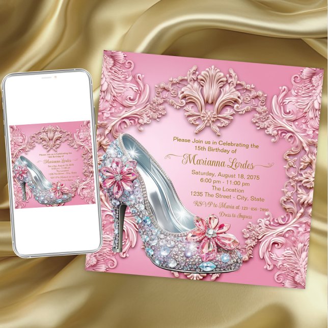 Invitation Quinceañera Diamond rose Chaussure haute talon (Quiceanera and any event invitation. Instant download and printed invitations available.)