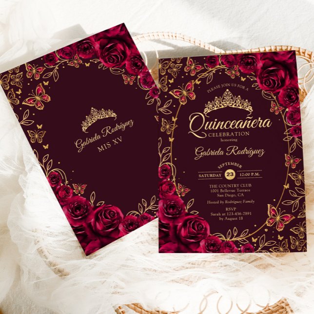 Invitation Quinceanera d'or de Bourgogne (Créateur téléchargé)