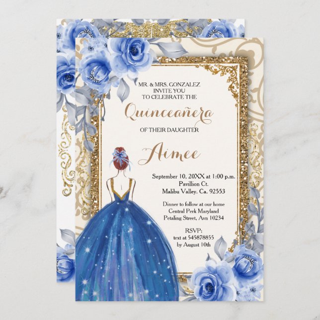 Invitation Quinceanera d'or des fleurs bleues de la marine  (Devant / Derrière)