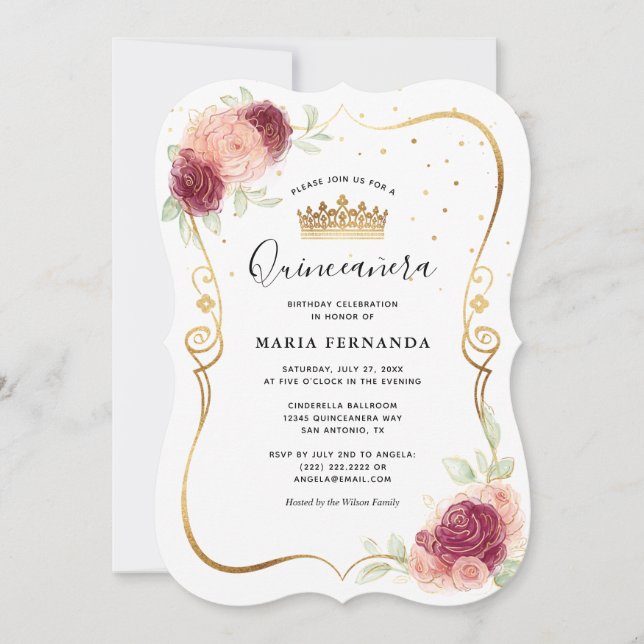 Invitation Quinceanera d'or floral Mis Quince Burgundy Blush (Devant)