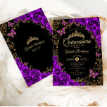 Invitation Quinceanera d'or noir violet<br><div class="desc">Invitation à la célébration de la Quinceanera en noir,  violet et or. Caractéristiques,  police de script,  papillons d'or,  roses d'aquarelle et tiara. Parfait pour une élégante célébration de glamour de style princesse. Personnalisez avec vos propres détails. Invitations Zazzle imprimées ou téléchargement instantané modèle imprimable numérique.</div>
