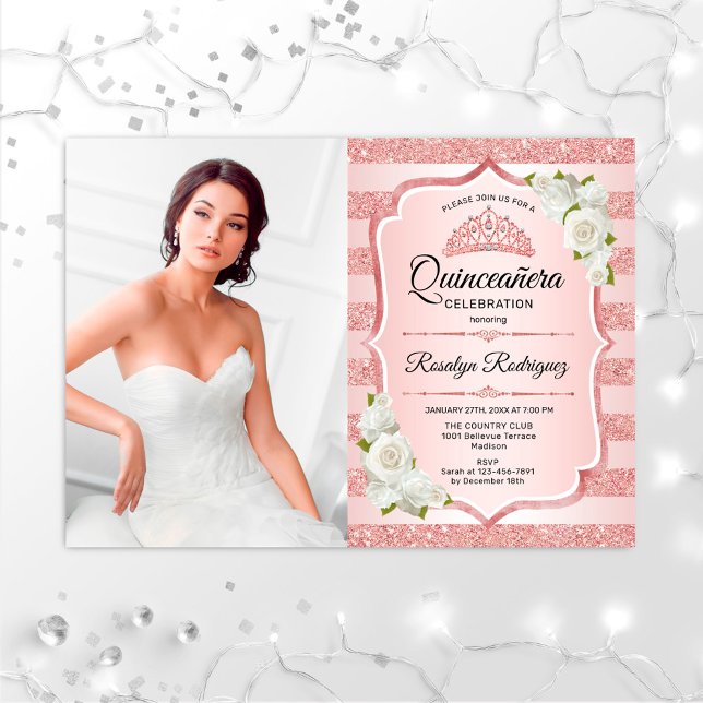 Invitation Quinceanera d'or rose avec photo - Roses blanches (Créateur téléchargé)