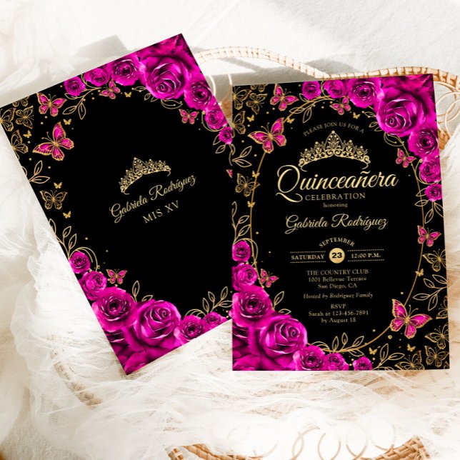 Invitation Quinceanera d'or rose Fuchsia (Créateur téléchargé)