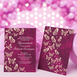 Invitation Quinceañera d'or rose papillon moderne 15ème