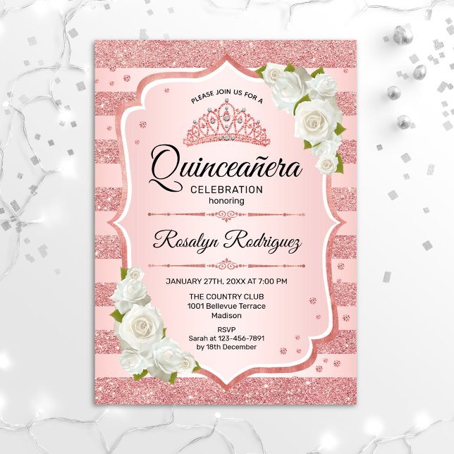 Invitation Quinceanera d'or rose - Roses blanches (Créateur téléchargé)
