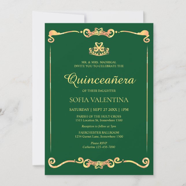Invitation Quinceanera d'or vert classique (Devant)