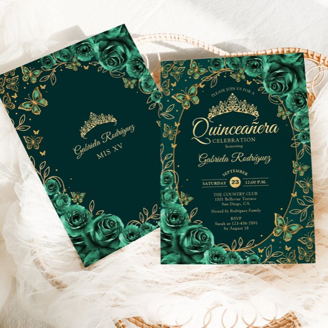 Invitation Quinceanera d'or vert émeraude (Créateur téléchargé)