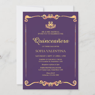 Invitation Quinceanera d'or violet classique