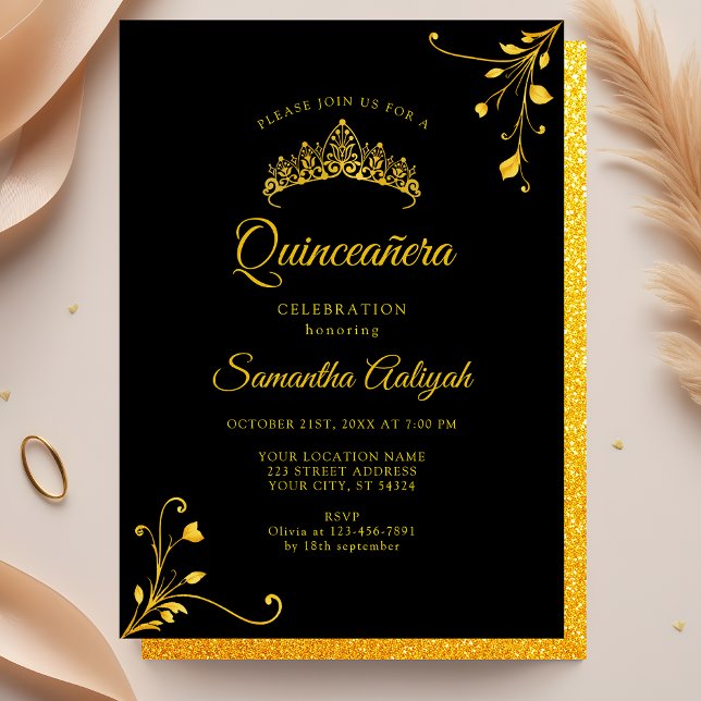 Invitation Quinceanera doré noir moderne minimaliste (Créateur téléchargé)