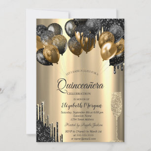 Invitation Quinceanera dorée avec ballons et goutt