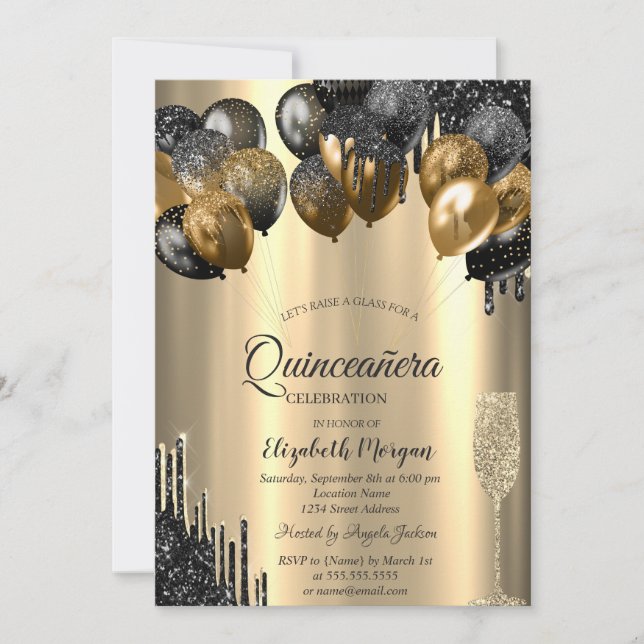 Invitation Quinceanera dorée avec ballons et goutt (Devant)