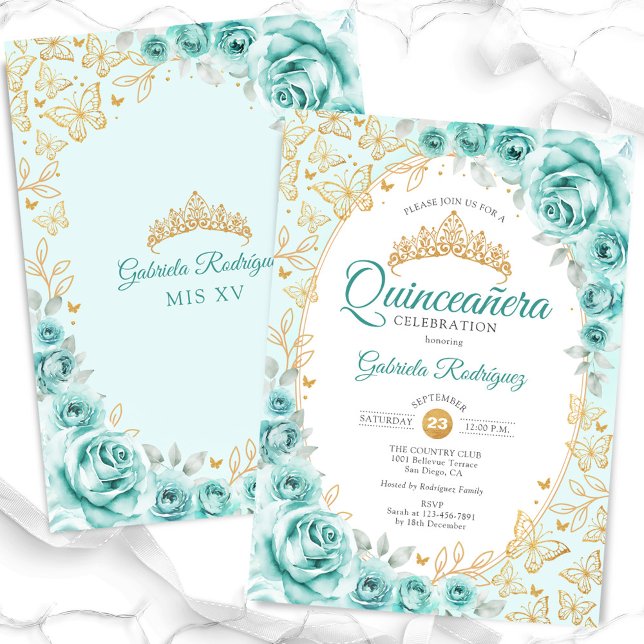 Invitation Quinceanera dorée turquoise (Créateur téléchargé)