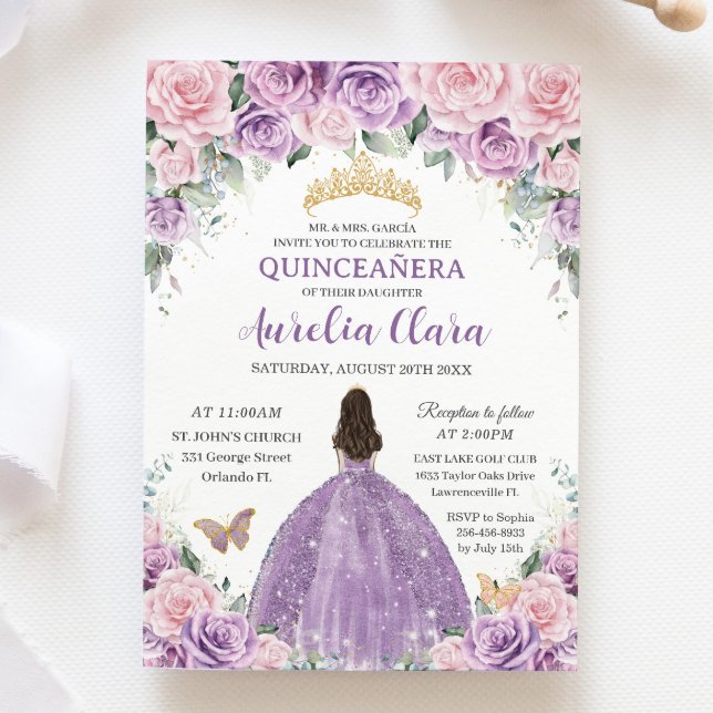 Invitation Quinceañera Douce violet Lilac rose Floral Princes (Créateur téléchargé)
