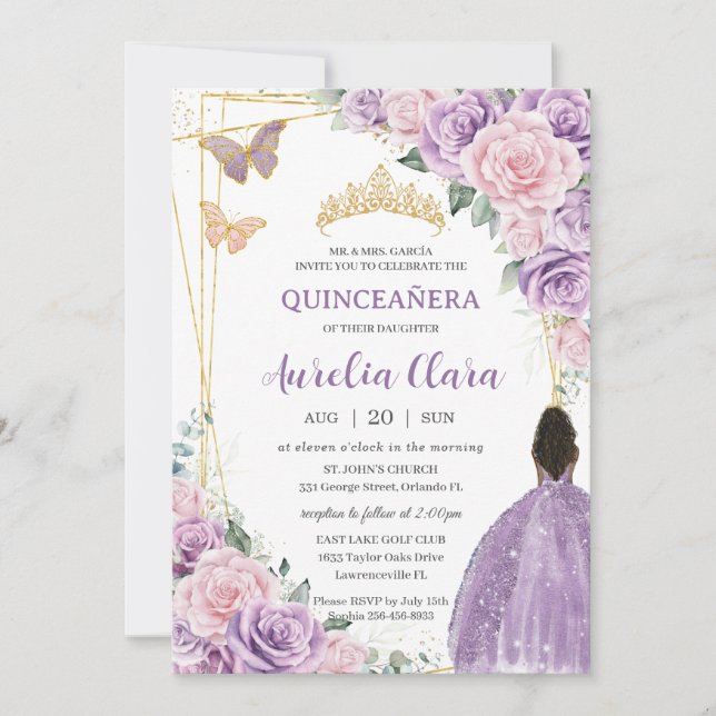 Invitation Quinceañera Douce violet rose Brown Floral Princes (Devant)