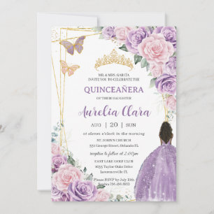 Invitation Quinceañera Douce violet rose Brown Floral Princes
