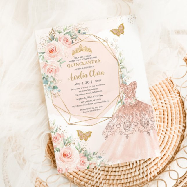 Invitation Quinceañera Doux Blush Floral Robe Papillons (Créateur téléchargé)