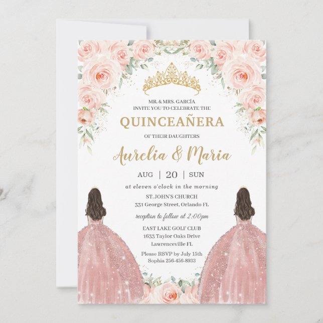 Invitation Quinceañera Doux Blush Floral Rose Fleurs Jumeaux (Devant)