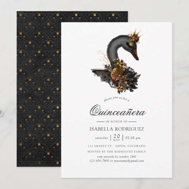 Invitation Quinceañera du cygne noir (Devant / Derrière)