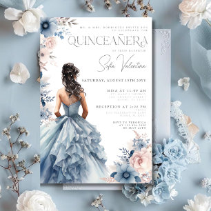 Invitation Quinceañera Dusty Blue Gown rose Floral Brunette