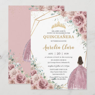 Invitation Quinceañera Dusty Rose Floral Princess Gown Gold