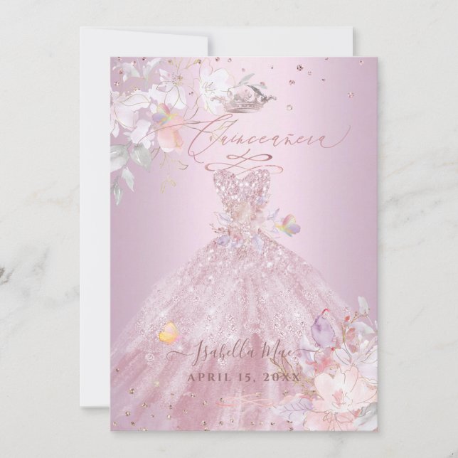 Invitation Quinceanera Dusty Rose Parties scintillant Gown Po (Devant)