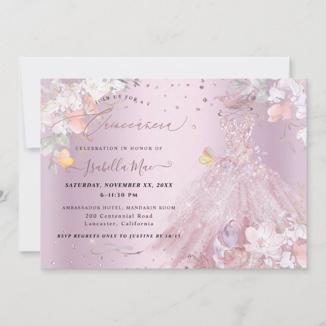 Invitation Quinceanera Dusty Rose Parties scintillant Gown Po (Devant)