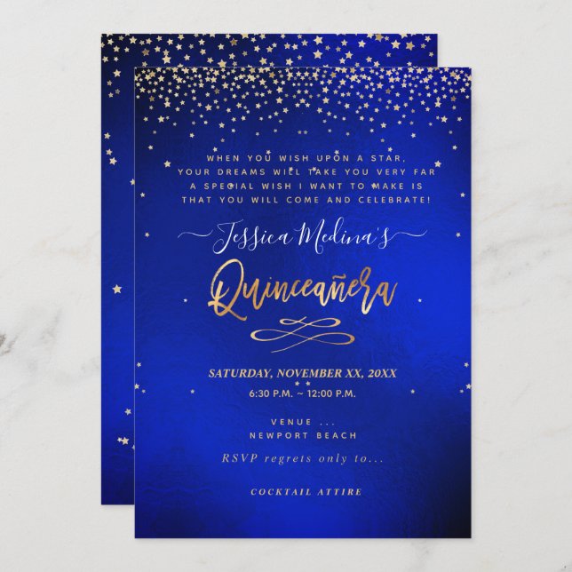 Invitation Quinceañera, Écrit dans la Star, Velvet bleu (Devant / Derrière)