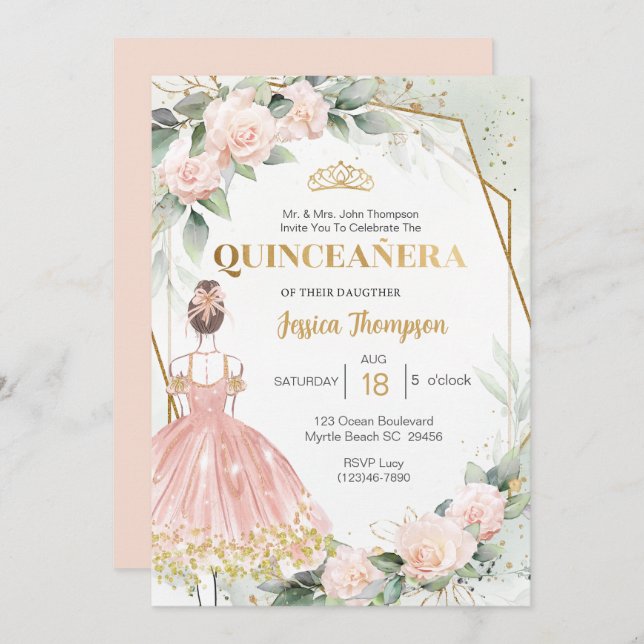 Invitation Quinceañera Elegant Blush Rose or Floral (Devant / Derrière)