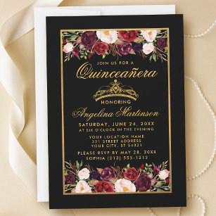 Invitation Quinceanera Elégant cadre Floral Or Couronne Noir