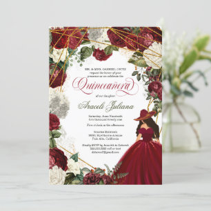 Invitation Quinceanera élégant charro bordeaux blanc fleuri i