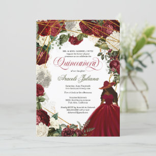 Invitation Quinceanera élégant charro bordeaux blanc fleuri i