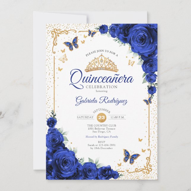 Invitation  Quinceanera Elegant Chic Royal Blue Roses Gold (Devant)