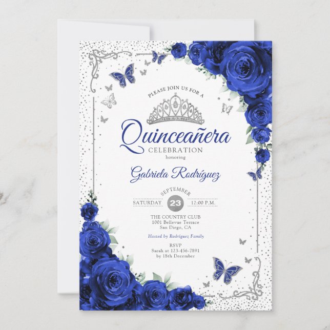 Invitation  Quinceanera Elegant Chic Royal Blue Roses Silver (Devant)