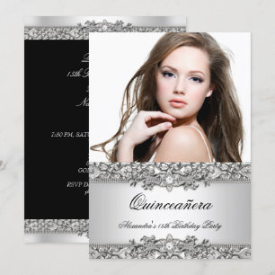 Invitation Quinceanera Élégant Diamant Blanc Argenté Photo