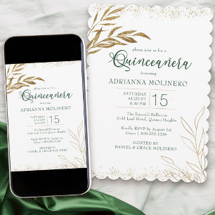 Invitation Quinceanera Elegant Emerald Vert et Feuille d'or