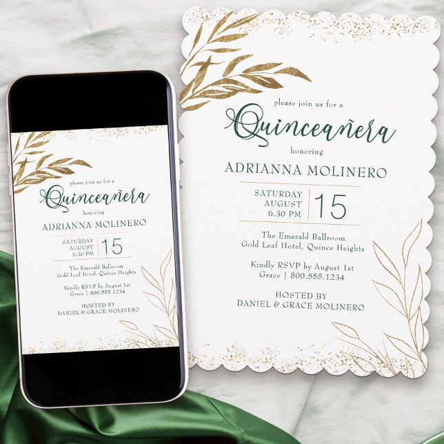 Invitation Quinceanera Elegant Emerald Vert et Feuille d'or (Modern Quinceanera invitation in white gold and emerald green from my Gold Leaf Collection)